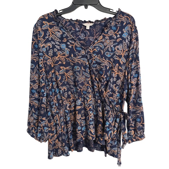 Lucky Brand Tops - Lucky Brand Boho Navy Paisley Faux Wrap Peplum Blouse Long Sleeve Ruffle Neck XL